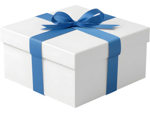 White square gift box with blue ribbon isolated on transparent background, perfect for celebrations, holidays, or marketing design.
