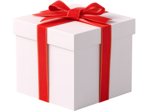 Classic white gift box with red ribbon isolated on transparent background, ideal for Christmas, Valentine’s, and festive designs.