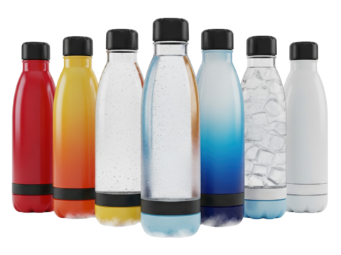 Row of colorful reusable thermal water bottles for hydration on a transparent background