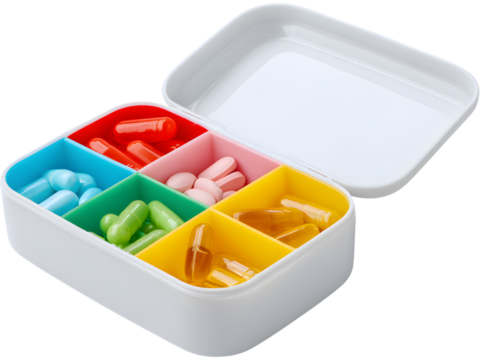 White pill box with colorful compartments isolated on transparent background, representing health organization and daily medication.