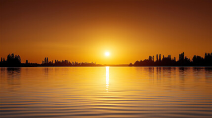 Fototapeta premium Golden sunset over calm lake reflecting orange sky and distant trees, concept of peace, nature, and mindfulness.