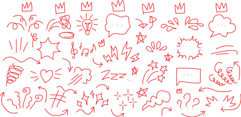 Whimsical pink doodle icons and symbols on white background A collection of hand-drawn pink doodle icons including crowns, lightbulbs, speech bubbles, stars, and musical notes on a white background.