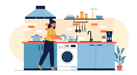 Diligent woman happily doing dishes in her modern and tidy kitchen, featuring a washing machine, symbolizing efficient home management and daily chores.