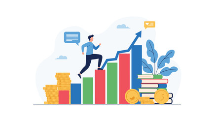 Ambitious businessman confidently ascending a rising bar chart, symbolizing career growth, financial success, and the continuous pursuit of achievement.