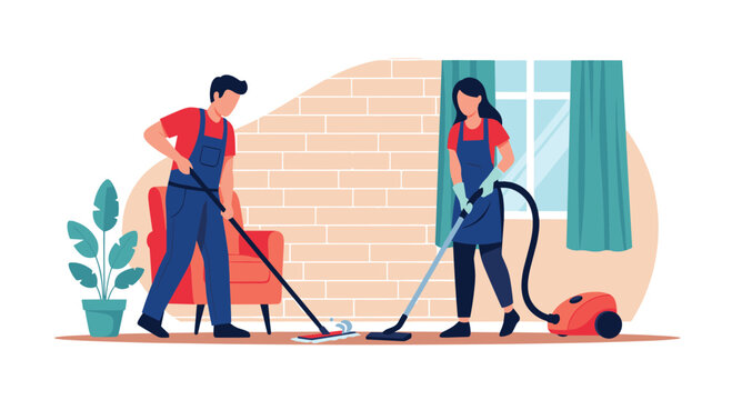 Cheerful couple collaboratively performing household chores, with a man mopping and a woman vacuuming, ensuring their living room is sparkling clean.