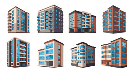 Collection of diverse, modern apartment buildings and residential complexes with distinct architectural styles, showcasing contemporary urban housing.