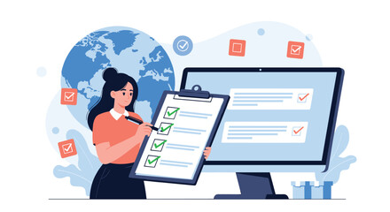 Woman diligently completing an online checklist on a computer, with a globe in the background, symbolizing global task management and virtual project organization.