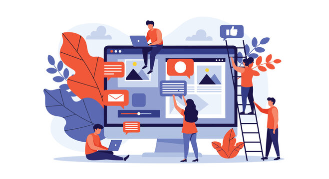 Dynamic team collaboratively building and optimizing a website on a large computer screen, focusing on content, social media, and digital marketing strategies.