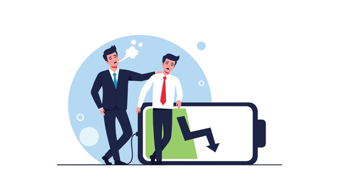 Supportive colleague offering help to an exhausted man with low energy, symbolized by a draining battery, emphasizing empathy and workplace support.