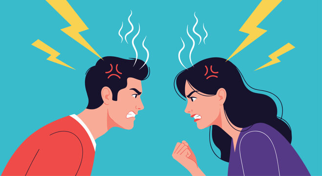 Furious man and woman angrily shouting at each other with visible steam and lightning, symbolizing a heated argument, relationship conflict, and miscommunication.