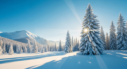 Obraz premium Winter Wonderland Landscape with Snowy Forest Mountains and Sun Rays