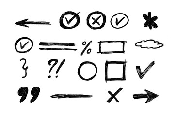 collection of black grunge ink splatters, brush strokes, and textured shapes on a white background.