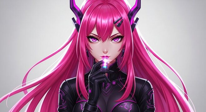 A striking animestyle portrait of a demon girl with vibrant pink hair and glowing purple eyes, holding a glowing object
