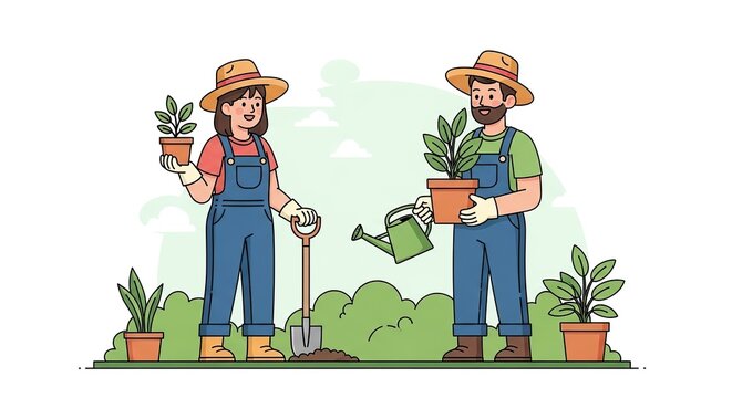 Couple gardening together planting flowers and vegetables in the garden with watering can and shovel