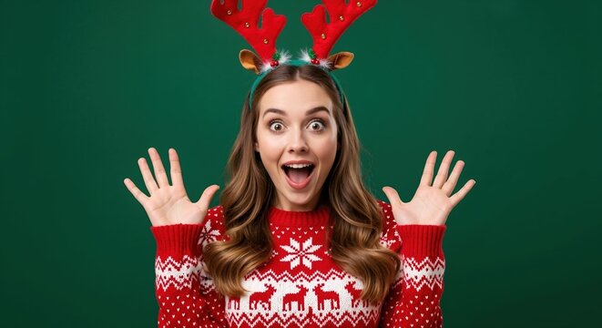 A surprised young woman in a Christmas sweater and reindeer antlers. Excited girl with a shocked expression celebrating the holiday on a green background