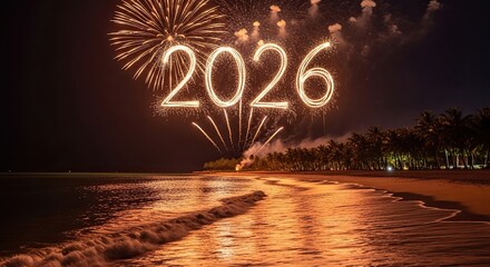 Happy New Year 2026 Fireworks on a Tropical Beach