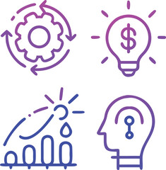 Strategic thinking and goal setting icon set featuring business planning elements and achievement symbols isolated on white background.