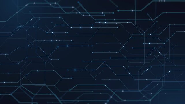 Abstract circuit board lines, glowing electrons, dark blue background. Cyber technology, futuristic network, data flow, AI, big data. Represents innovation, computing, digital communication, modern