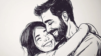 Hand-drawn illustration of a happy couple embracing intimately with affection for Hug Day, Hug Holiday, Father’s Day, National Daughters Day