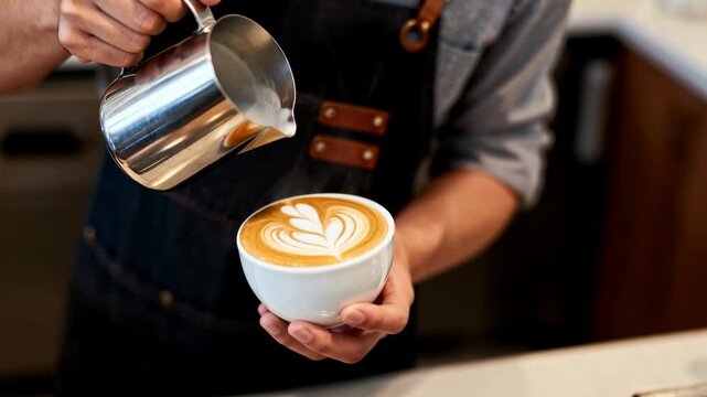 Barista pouring steamed milk creating latte art heart in cup of coffee at modern cafe counter.