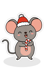 A gray mouse in a Santa Claus hat with a lollipop in its paws