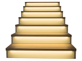 Modern staircase with warm LED lighting illuminating every step on a transparent background