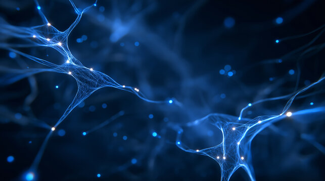 Neural network visualization with glowing blue synapses and digital connections, representing artificial intelligence and futuristic technology in tech startup environment