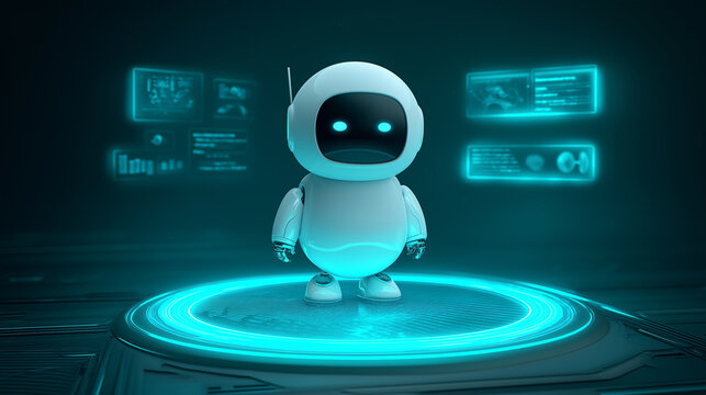 Cute assistant robot glowing holographic platform neon blue light futuristic technology digital interface artificial intelligence friendly modern sci fi innovation