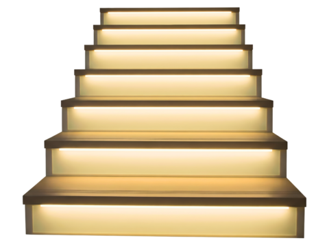 Modern staircase with warm LED lighting illuminating every step on a transparent background