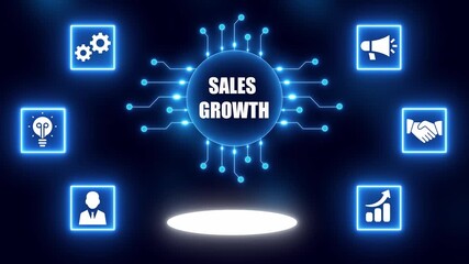 Digital concept of sales growth with glowing icons and circuitry on dark blue background business strategy