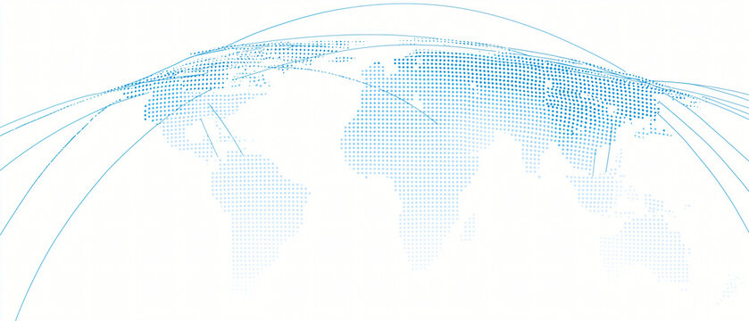 Minimal clean pixel world map with thin dotted lines and flight paths, representing global connection, technology, and international network in modern style