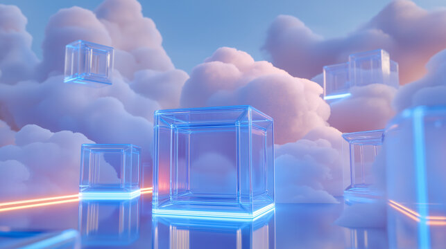 Glass cube cloud sky reflection futuristic digital architecture blue abstract technology. Glass cubes float among soft clouds blue sky reflecting light futuristic digital architecture concept