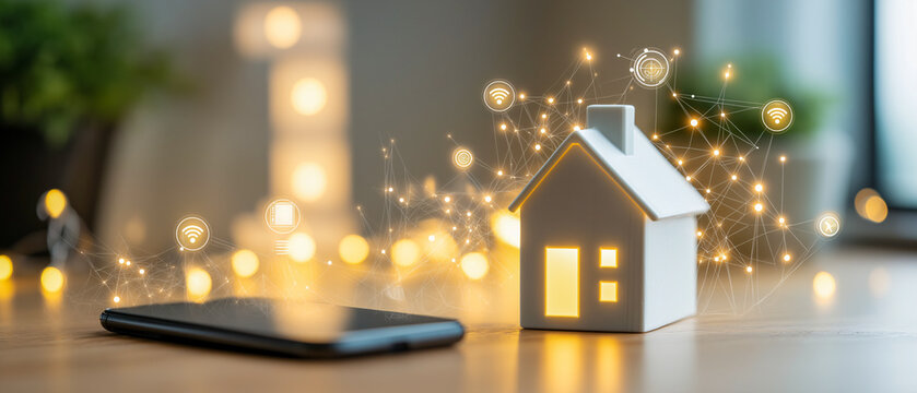 Smart home technology concept with illuminated house model, smartphone, and glowing network icons on wooden table, representing modern connectivity, innovation, and digital lifestyle