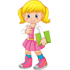 Cartoon blonde girl with pigtails wearing a pink dress white jacket and pink boots holding a green book on a transparent background.