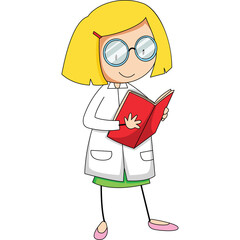 Cartoon blonde scientist girl in white lab coat reading red book wearing glasses and pink shoes with transparent background