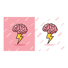 Creative pink brain with a powerful yellow lightning bolt, symbolizing brilliant ideas, intelligence, and thought power