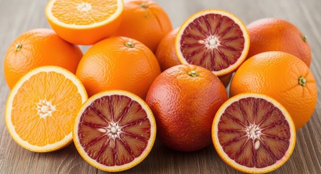 A vibrant assortment of whole and halved oranges including blood oranges creates a colorful and appealing image ideal for health and food related content professional stock photography content