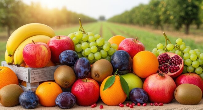 A vibrant assortment of fresh fruits sits piled high against a backdrop of lush green orchards ready for healthy eating campaigns professional stock photography content - Powered by Adobe
