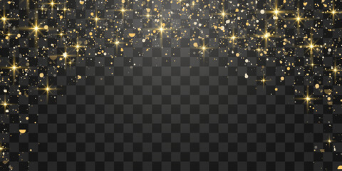 Glitter gold particles shine effect on png background. Vector gold glitter particles effect and texture. Stardust amber particles color on transparent background. Golden explosion of confetti.