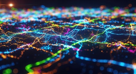 Abstract data visualization shows colorful lines and dots representing complex information networks and digital connections in a modern technological landscape professional stock photography content