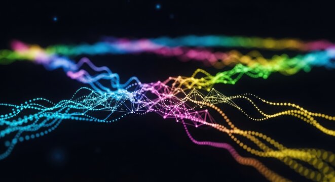 Abstract colorful network lines flow across a dark background creating a futuristic technology feel professional stock photography content
