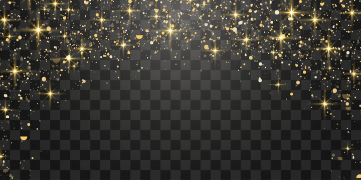 Glitter gold particles shine effect on png background. Vector gold glitter particles effect and texture. Stardust amber particles color on transparent background. Golden explosion of confetti.