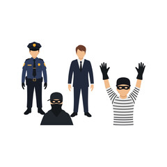 Illustration of a police officer, a businessman, and two criminals.