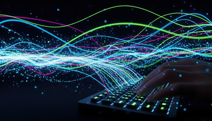 Fingers type on a glowing keyboard with abstract data streams flowing from the keys in a modern digital environment professional stock photography content