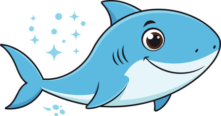 Cute smiling cartoon baby shark swimming underwater with bubbles, adorable ocean animal character illustration, marine wildlife concept, blue sea art