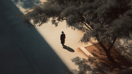 Solitary figure in a black coat walking under the shade of a tree in a minimalist urban setting