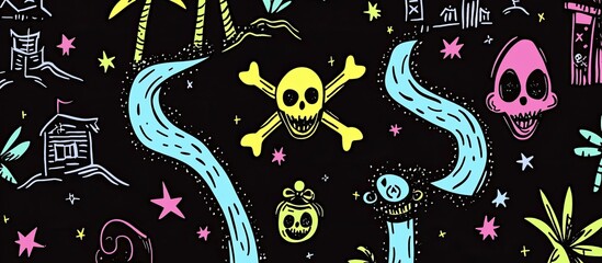 Whimsical Pirate's Treasure Map: Neon Skulls, Stars, and Island Elements on Black