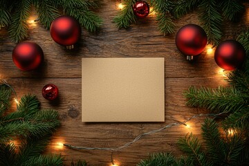 White card with a red border sits on a wooden table. Craft blank greeting card. Christmas greeting card.