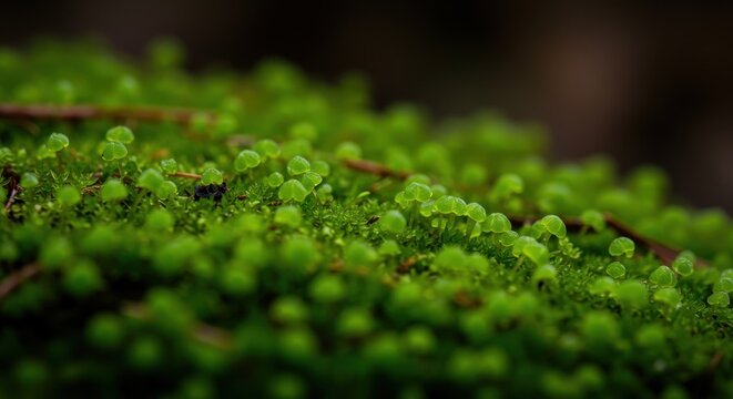 Detailed macro photograph capturing the lush, velvety texture of bright green bryophytes covering a moist woodland surface. Organic wallpaper texture ,flora ,damp ,chartreuse