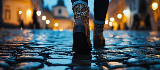 Cobblestone Reflections: Boots on a Wet European Street at Night